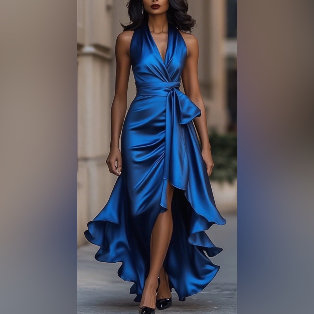 New Elegant Blue Satin Evening Dress